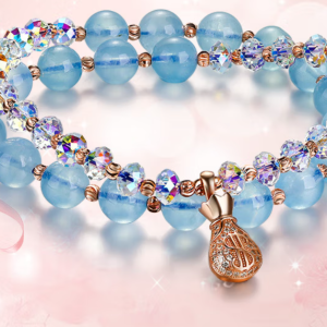 Jewelry aquamarine bracelet with lucky beads, silver charm, natural crystal bracelet for men and women, perfect for your birthday gift. 8mm diameter
